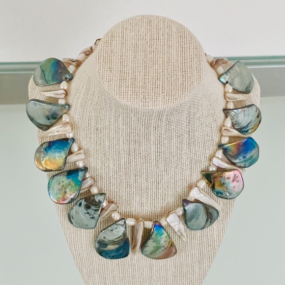 Iridescent Blue Shell Beaded Necklace w/ Tan Shell Pieces - Picture 4 of 6